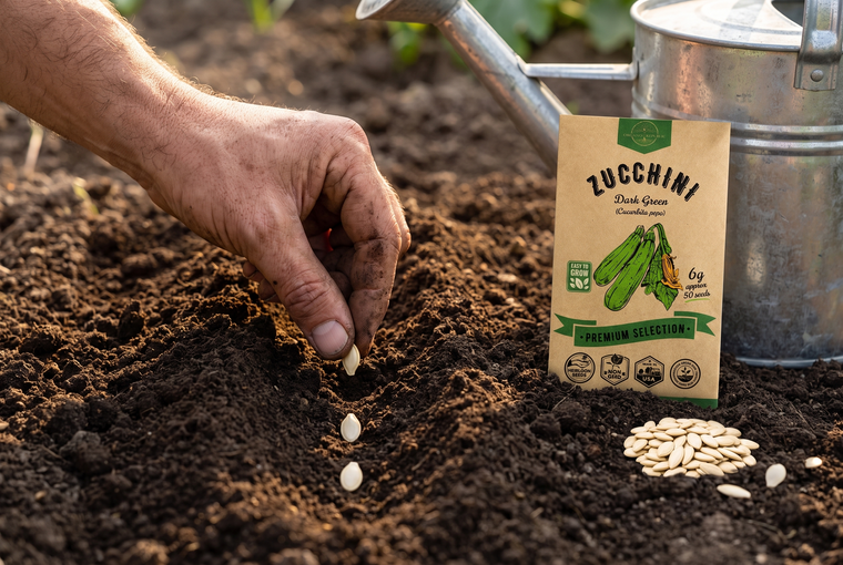 Sow zucchini seeds 1 inch deep in warm soil, in hills or spaced rows.