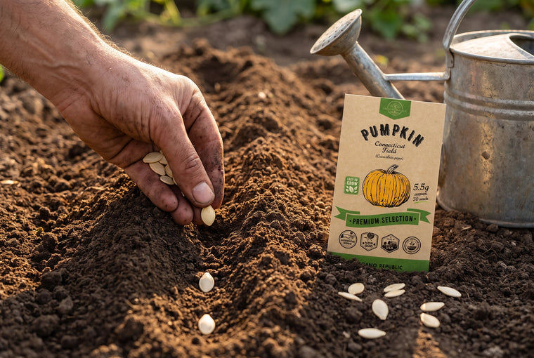 Sow pumpkin seeds one inch deep in warm soil, in hills of four to five.