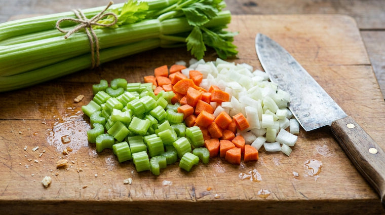 Crisp homegrown celery, chopped for soups, mirepoix, and fresh snacks.