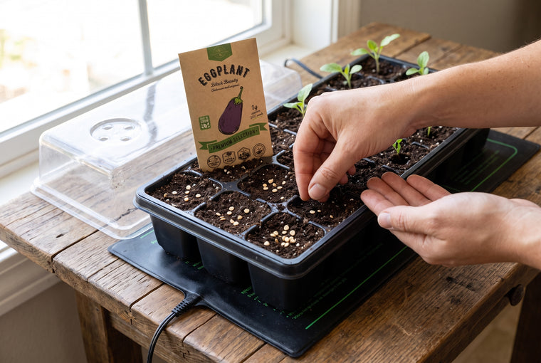 Start eggplant indoors on warmth, a quarter inch deep, weeks before your last frost.