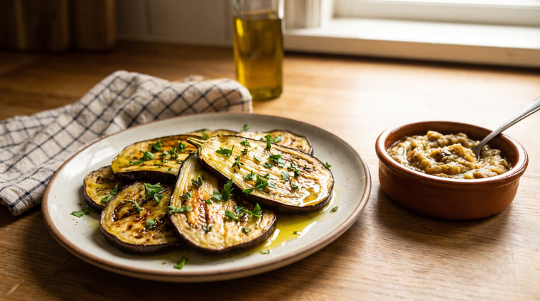 Glossy eggplant, grilled and roasted for the table.