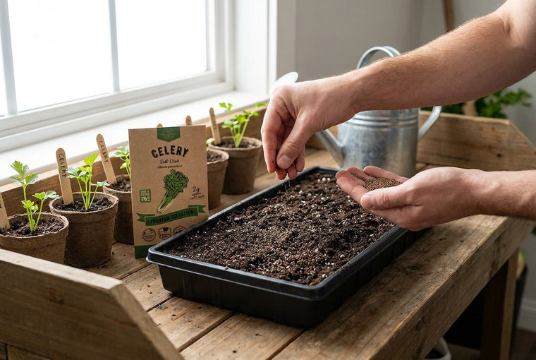 Surface-sow tiny celery seeds indoors, pressed in but not covered, since they need light.