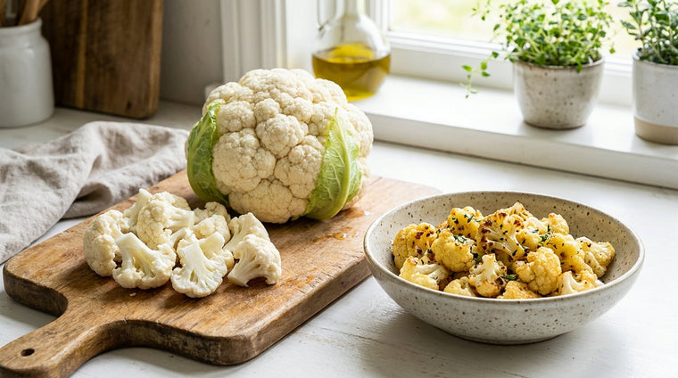 Fresh homegrown cauliflower, ready to roast or rice.