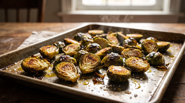 Brussels sprouts roasted crisp and caramelized after the first fall frost.