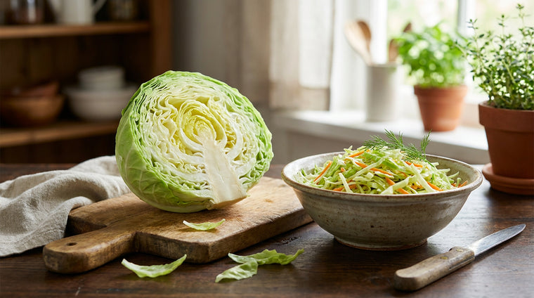 Homegrown cabbage, sliced and shredded for slaw.
