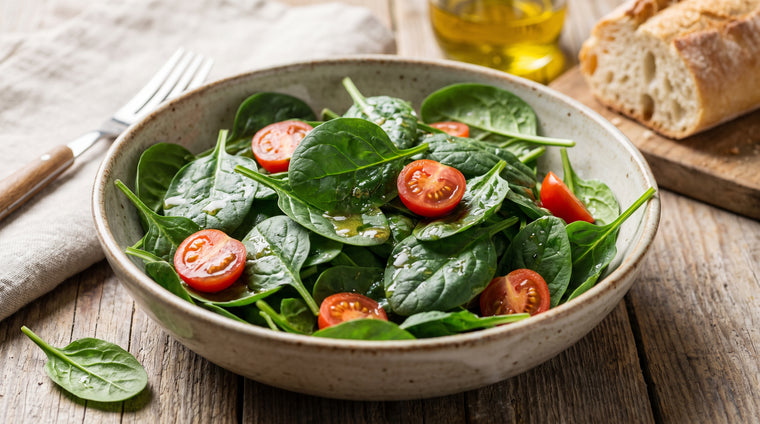 Tender home-grown spinach, fresh in a simple salad.