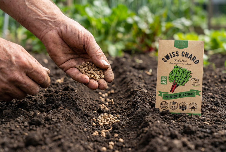 Direct-sow chard seed clusters half an inch deep, then thin the seedlings.