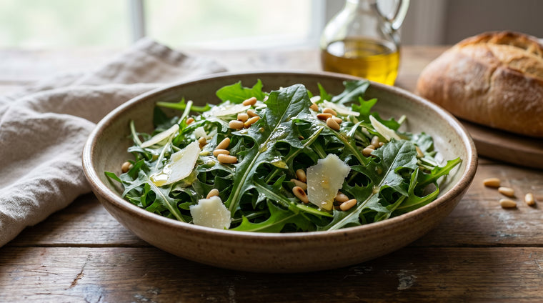 Young dandelion greens, dressed simply for a bright, slightly bitter salad.