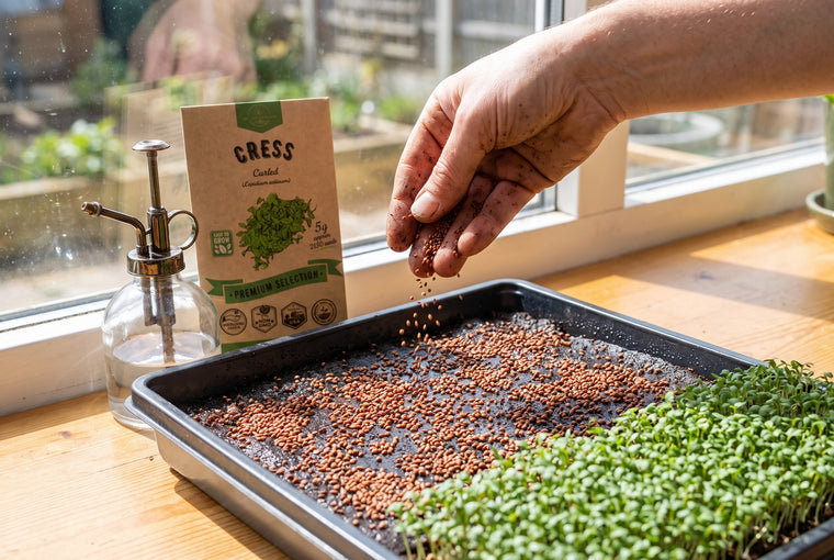 Surface-sow cress thickly on moist mix; it needs light to sprout.