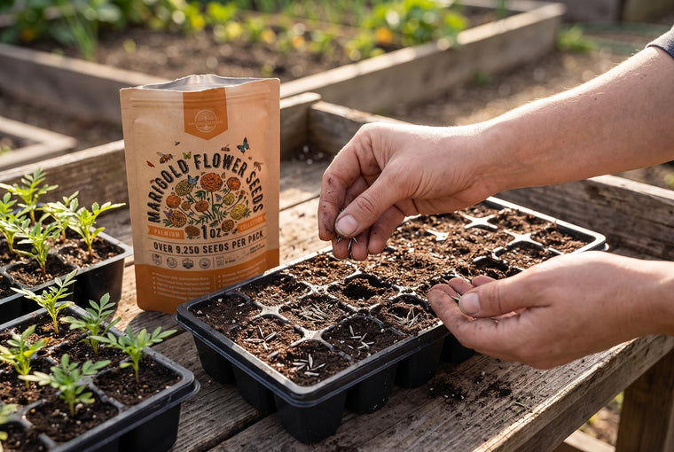 Sow marigold seeds shallowly, about an eighth inch deep, in warm soil.