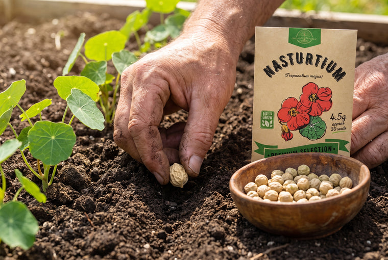 Direct-sow soaked nasturtium seeds about half an inch to an inch deep.