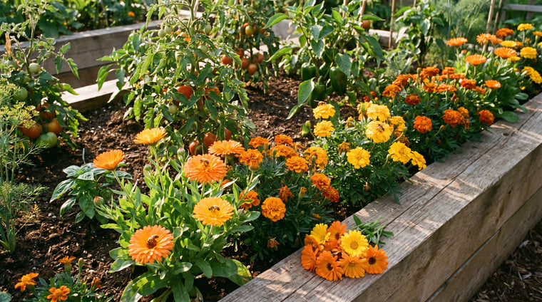 Marigolds edging the vegetable bed, feeding bees and shrugging off pests.