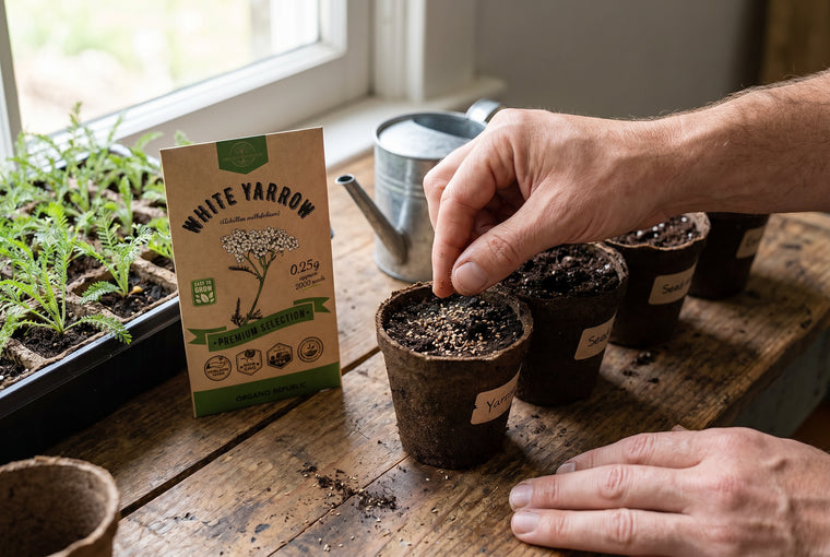 Press the tiny yarrow seeds onto moist mix; they need light to germinate.