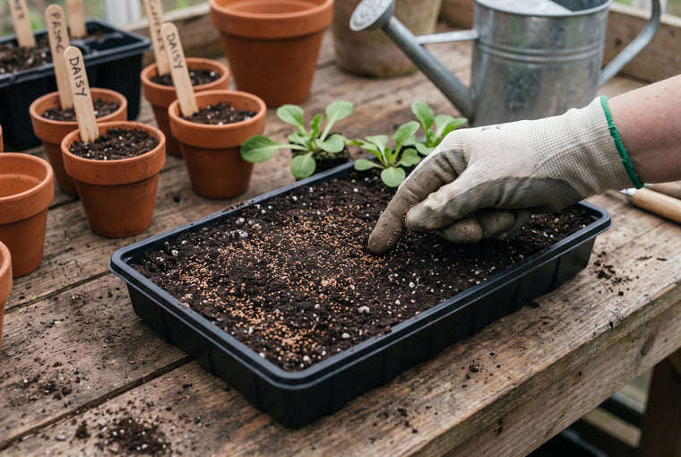Surface-sow English daisy seeds and do not cover; they need light to sprout.