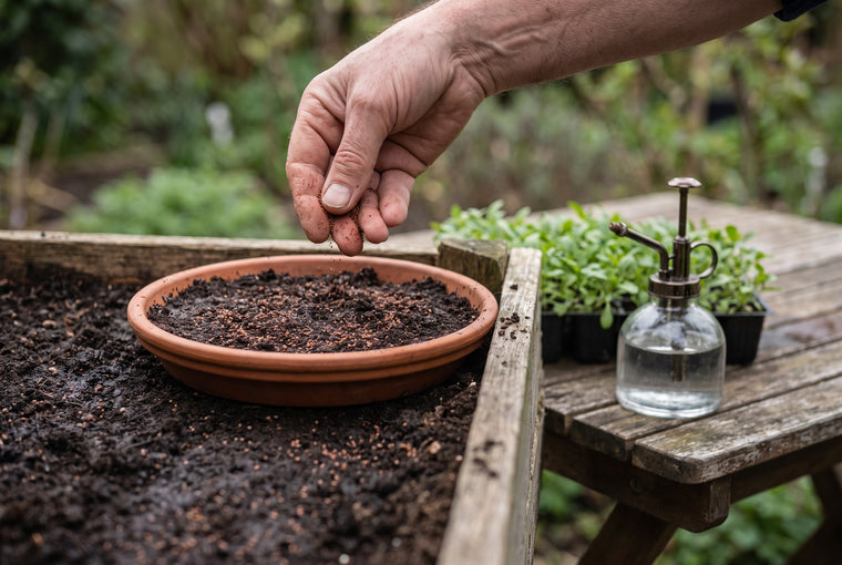 Scatter the tiny alyssum seeds on the surface; they need light to germinate.
