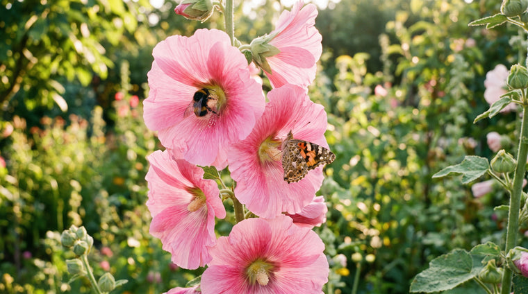 Towering hollyhocks are a magnet for bees and butterflies.