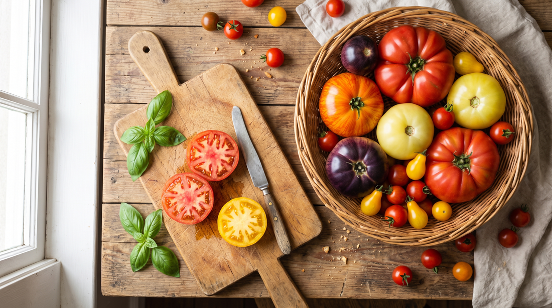 Heirloom tomatoes, fresh from the garden for salads, sauce, and sandwiches.