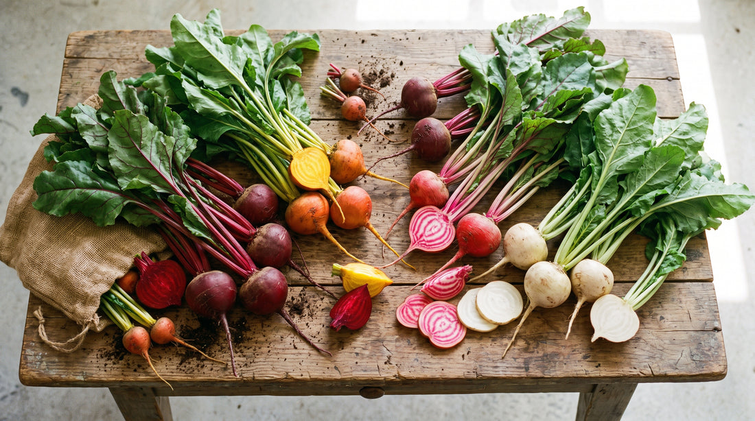 Beets in every color, picked fresh with their edible greens still attached.