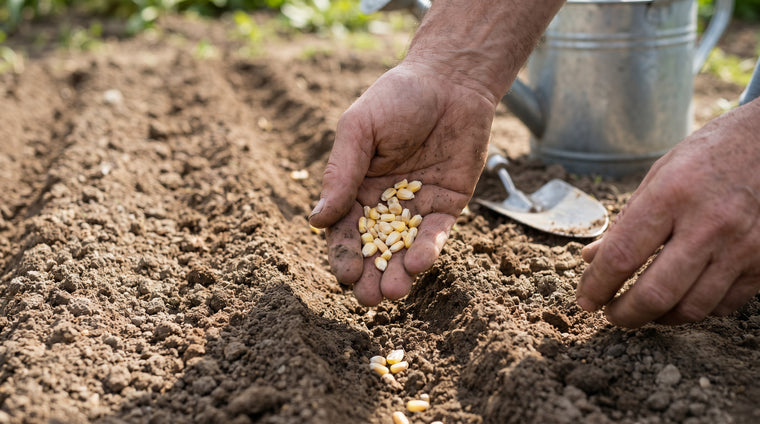 Sow corn 1 to 2 inches deep in blocks once the soil is warm.