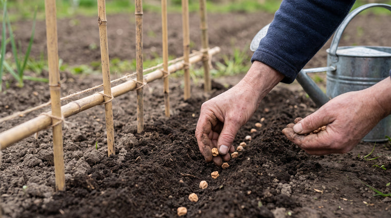 Sow pea seeds 1 inch deep in early spring, with a trellis ready.