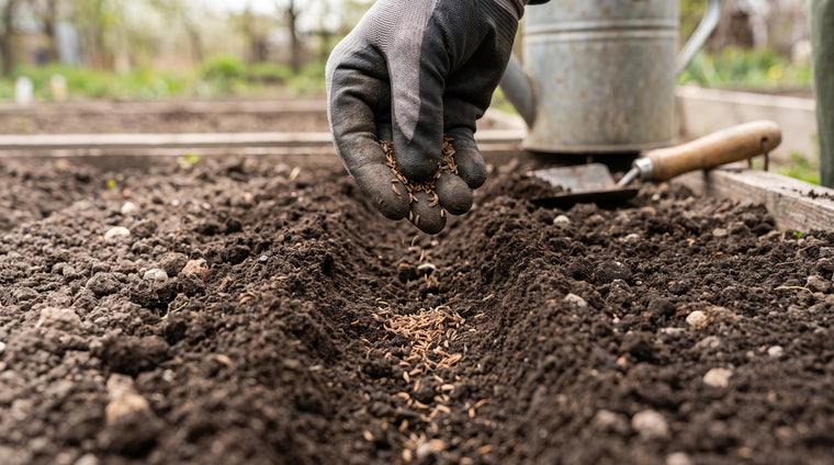 Sow caraway seeds shallow, about a half inch deep, right where the plants will grow.