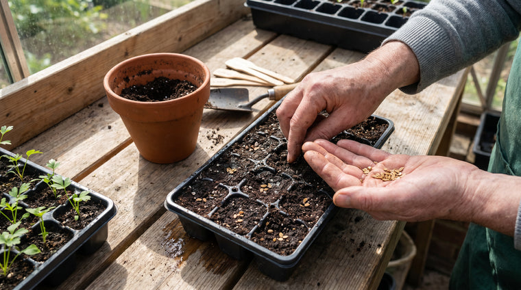 Press tiny lovage seeds shallowly into fine, moist seed-starting mix.