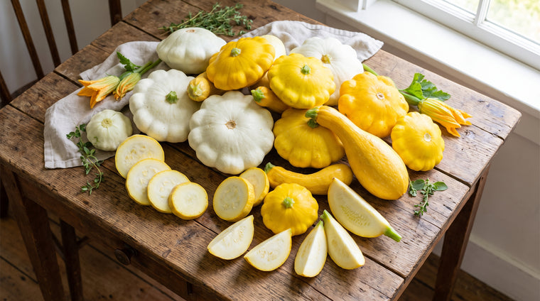 Scallop, yellow, and crookneck squash, picked young and tender for the kitchen.
