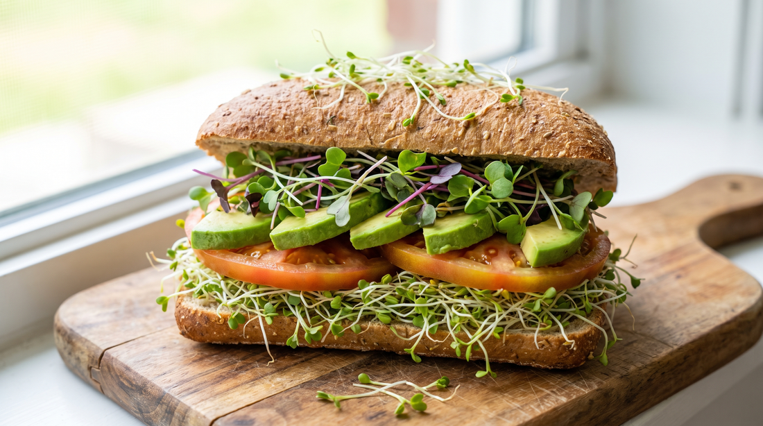 Fresh alfalfa sprouts pile onto a healthy sandwich.