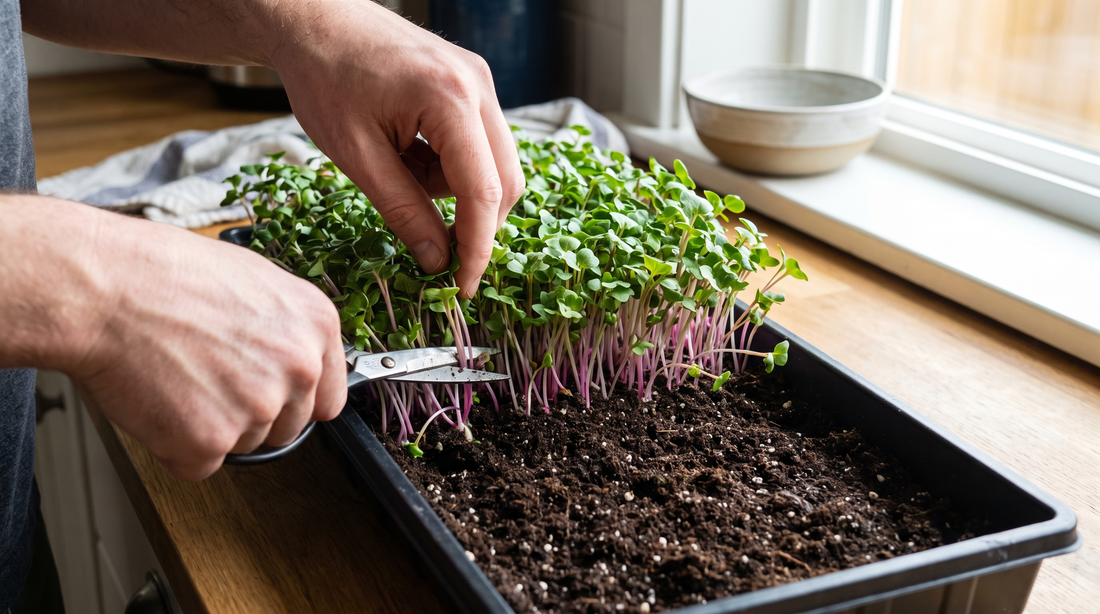 Sow radish seed densely on moist mix, then blackout a few days before light.