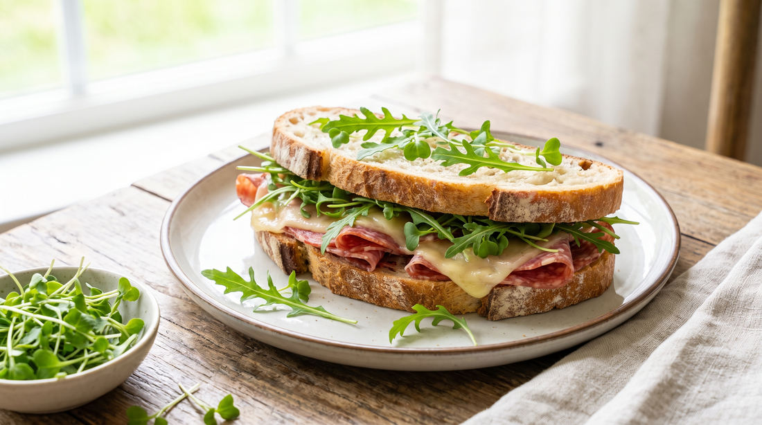 Peppery arugula microgreens finishing a fresh sandwich.