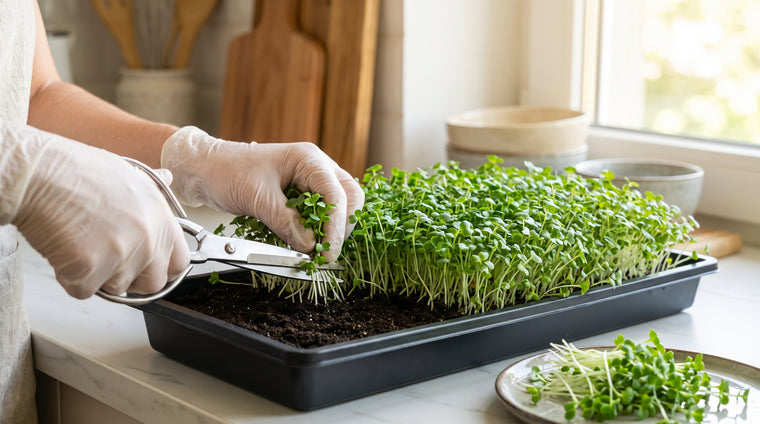 Harvest alfalfa microgreens with clean scissors just above the soil line.