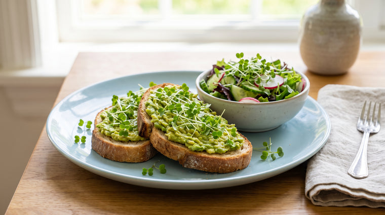 Fresh-cut alfalfa microgreens garnish avocado toast and a crisp salad.