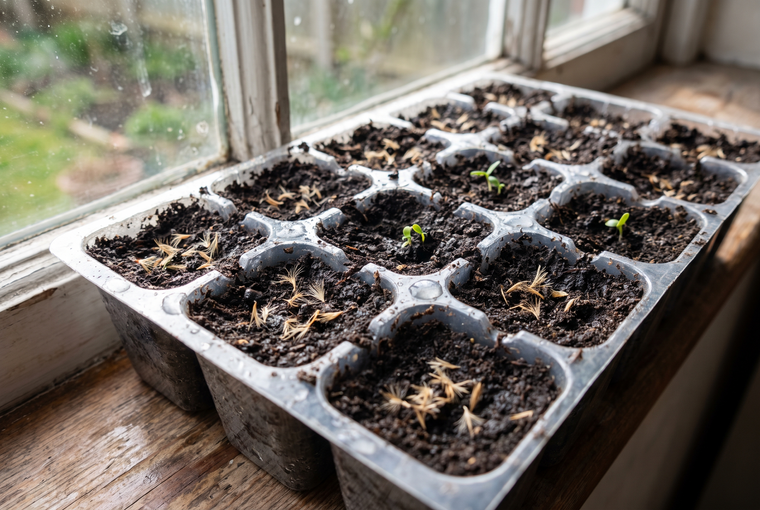Tiny Liatris seeds sown shallow in a tray of moist starting mix, barely covered and set in bright light.
