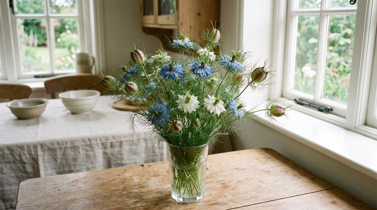 A just-cut bouquet of blue Love-in-a-Mist with its airy foliage and striped seed pods.