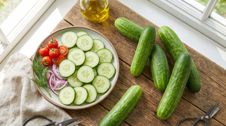 Freshly harvested Muncher cucumbers, whole and sliced, ready for a summer salad.