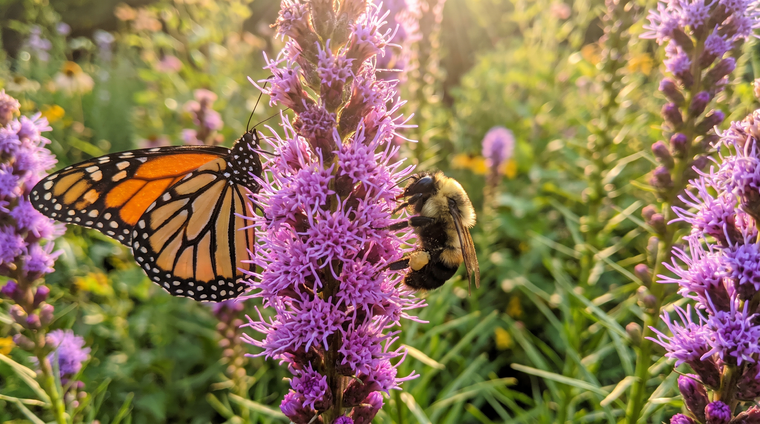 A monarch butterfly working the purple spikes of Liatris, a top nectar plant for a summer pollinator garden.