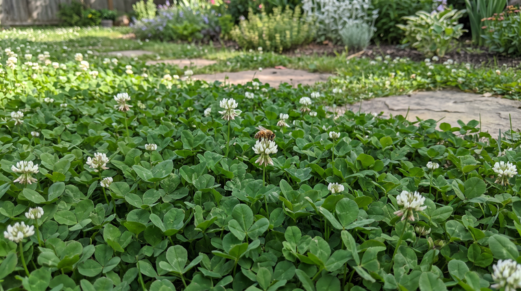 A lush, low micro clover lawn staying green and soft underfoot through a dry summer.