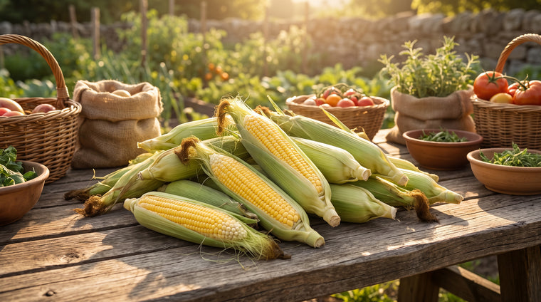 Freshly picked ears of golden sweet corn, husked and ready for the grill.