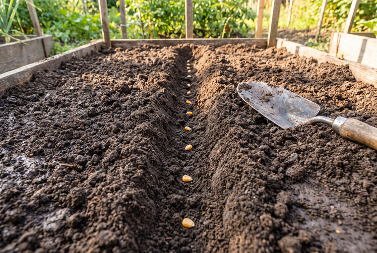 Sowing plump sweet corn seeds 1 inch deep in warm, rich garden soil, spaced in a block for good pollination.