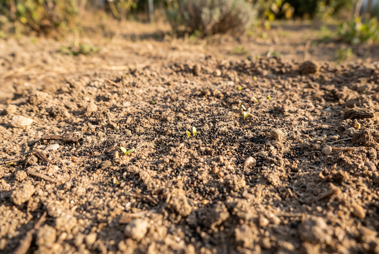 Tiny moss rose seeds scattered across the surface of a sunny, sandy seedbed and pressed in lightly.