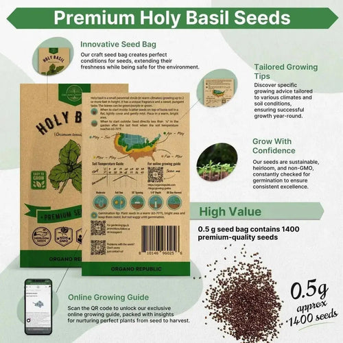 Holy Basil Seeds Pack 0.5 G - Over 1,400 Non - GMO Heirloom Basil Seeds for Planting Herbs in Individual Seed Packet, Herbs Seeds for Planting Home Garden Indoor & Outdoor Gardening - Organo Republic