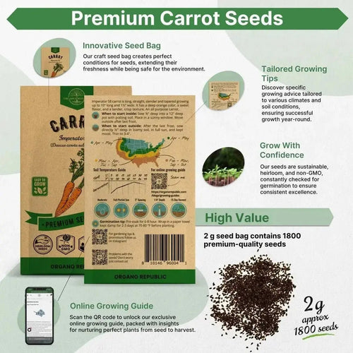 Imperator 58 Carrot Seeds Pack 2G - Over 1800 of Non - GMO Heirloom Carrot Seeds for Planting Vegetables in Individual Seed Packet, Vegetable Seeds for Planting Home Garden Indoor & Outdoor Gardening - Organo Republic