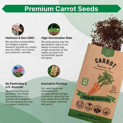 Imperator 58 Carrot Seeds Pack 2G - Over 1800 of Non - GMO Heirloom Carrot Seeds for Planting Vegetables in Individual Seed Packet, Vegetable Seeds for Planting Home Garden Indoor & Outdoor Gardening - Organo Republic