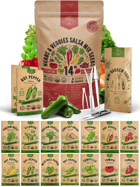 garden seeds variety pack Organo Republic 14 Herb, Tomato & Chili Pepper Gardening Seeds Salsa Variety Pack for Outdoors & Indoor Garden 5180+ Non-GMO Heirloom Seeds Cilantro