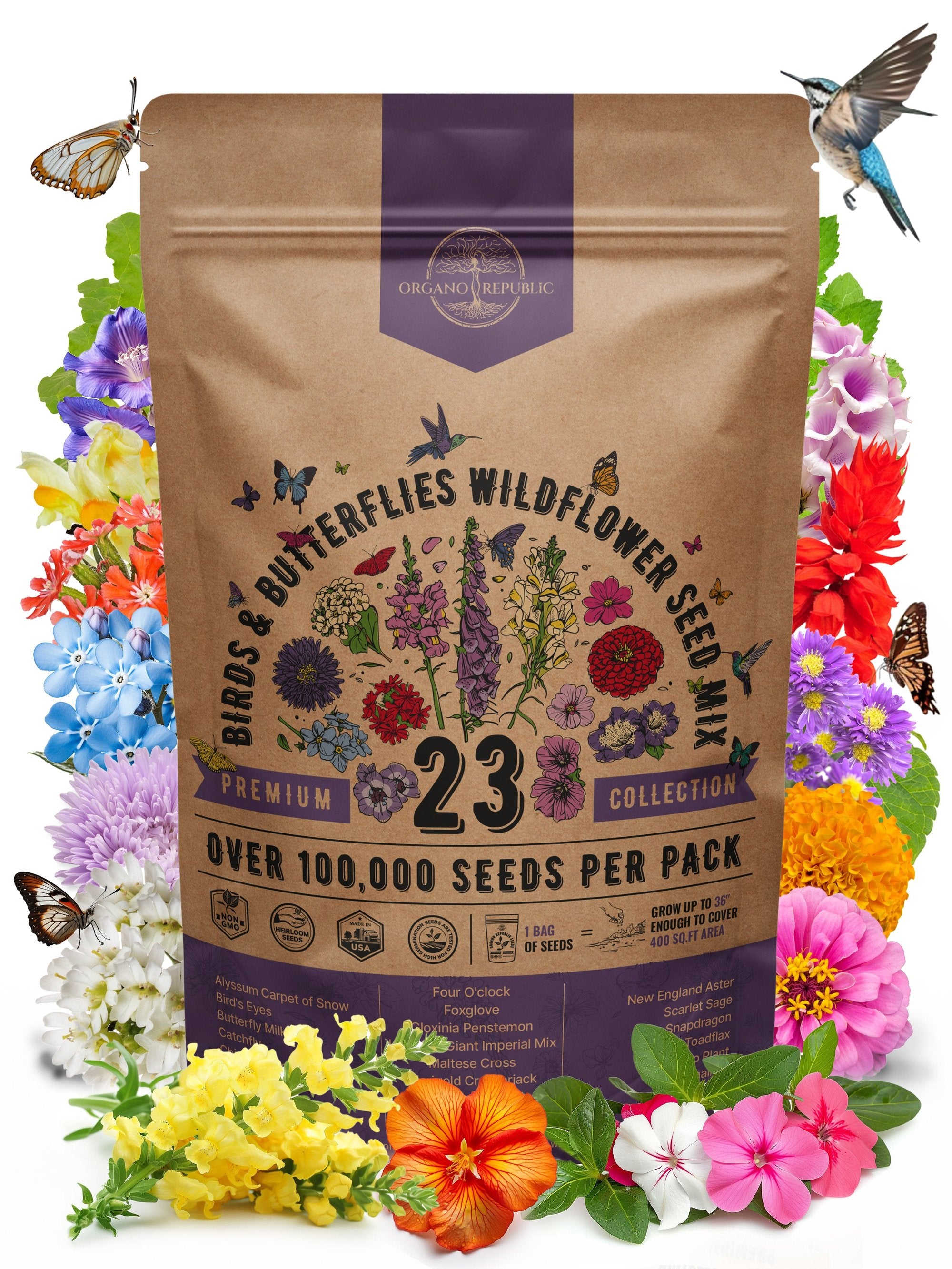 wildflower seed mix for butterflies Organo Republic 23 Wildflower Seeds Annual & Perennial Mix for Indoor & Outdoors, Attract Birds & Butterflies 100,000+ Non-GMO, Heirloom Garden