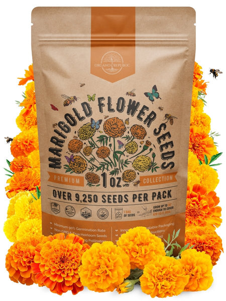 Marigold Seeds Pack 1 oz - Over 9,250 Non - GMO Heirloom Marigold Seeds for Planting Indoor & Outdoor Gardening, Marigold Flower Seeds for Planting Home and Garden, Flowers Seeds in Individual Packet - Organo Republic