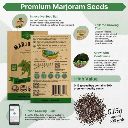 Marjoram Seeds Pack 0.15 G - Over 500 Non - GMO Heirloom Marjoram Seeds for Planting Herbs in Individual Seed Packet, Herbs Seeds for Planting Home Garden Indoor & Outdoor Gardening - Organo Republic