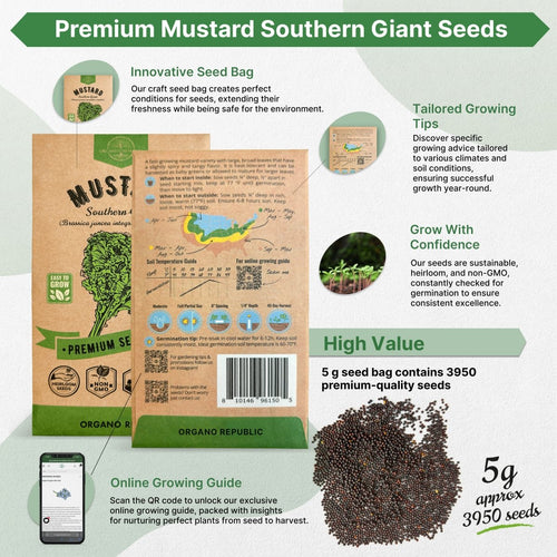 Mustard Southern Giant Seeds Pack 5 G - Over 3,950 Non - GMO Heirloom Mustard Seeds for Planting Greens in Individual Seed Packet, Greens Seeds for Planting Home Garden Indoor & Outdoor Gardening - Organo Republic