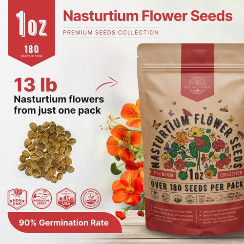 Nasturtium Seeds Pack 1 oz - Non - GMO Heirloom Flower Seeds for Planting, Edible Flowers in Individual Seed Packet, Nasturtium Seeds for Planting Home Garden Indoor & Outdoor Gardening - Organo Republic