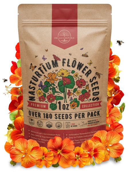 Nasturtium Seeds Pack 1 oz - Non - GMO Heirloom Flower Seeds for Planting, Edible Flowers in Individual Seed Packet, Nasturtium Seeds for Planting Home Garden Indoor & Outdoor Gardening - Organo Republic